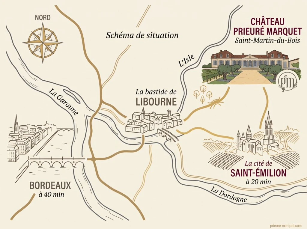 Schéma de situation et carte d’accès au Château Prieuré Marquet