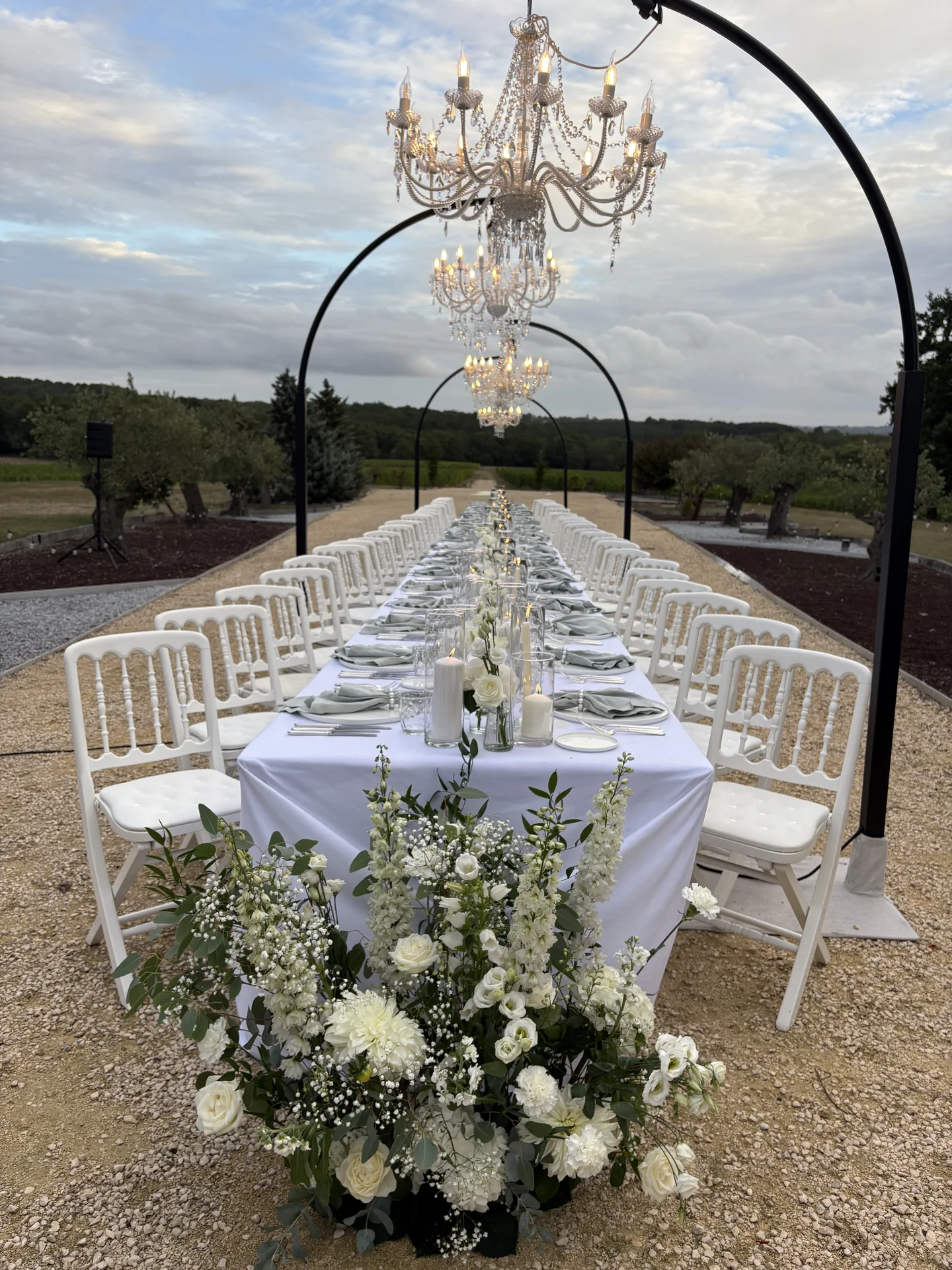Longue table de mariage dressée sous un lustre, face aux vignes